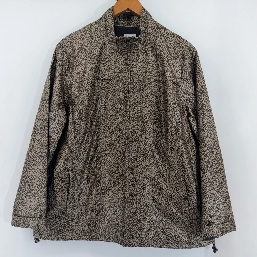 Chicos Zenergy Womens Leopard Print Windbreaker Jacket Brown Tan Size 3 XL